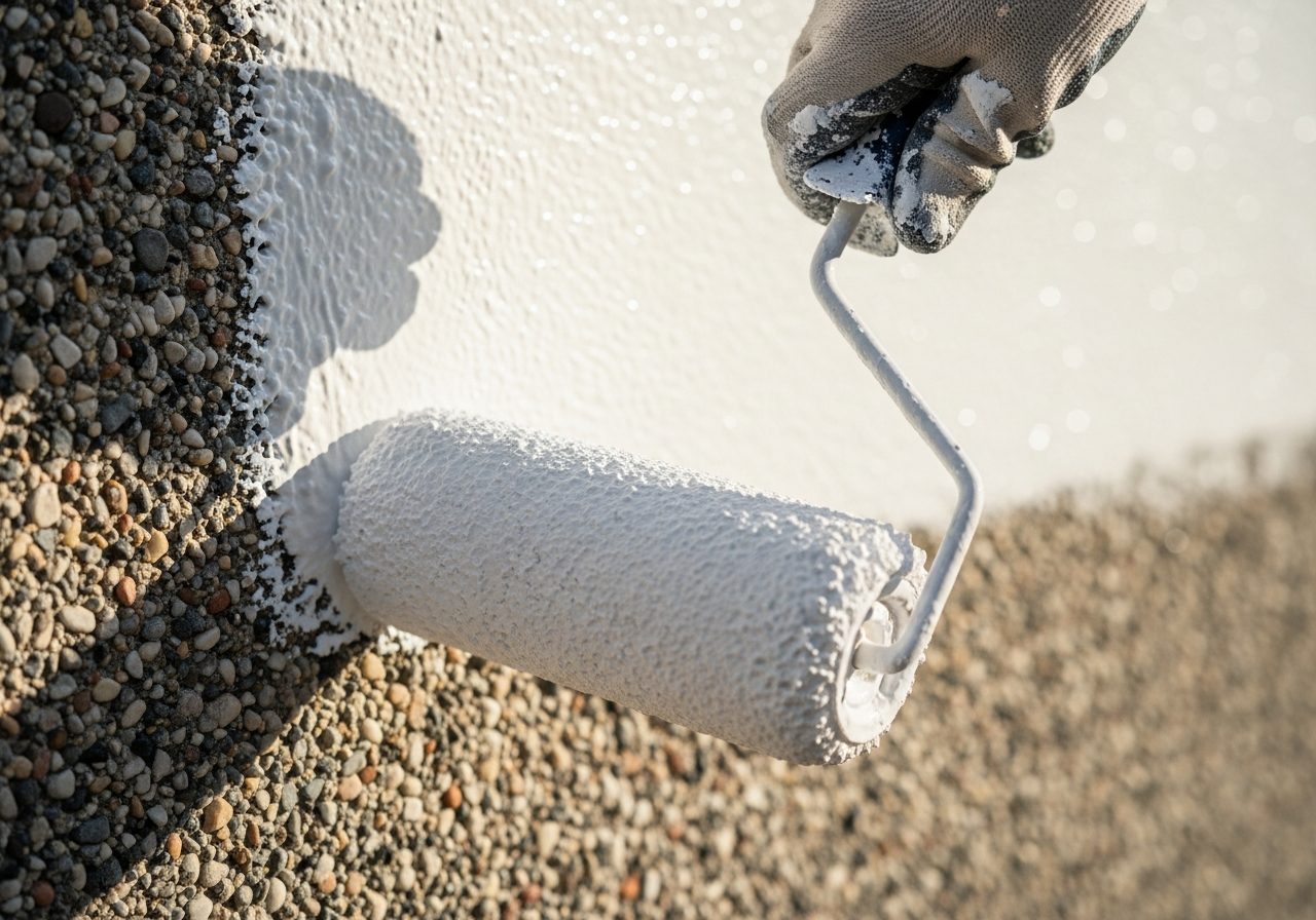 Specialist applying a fresh weatherproof coat to pebbledash render